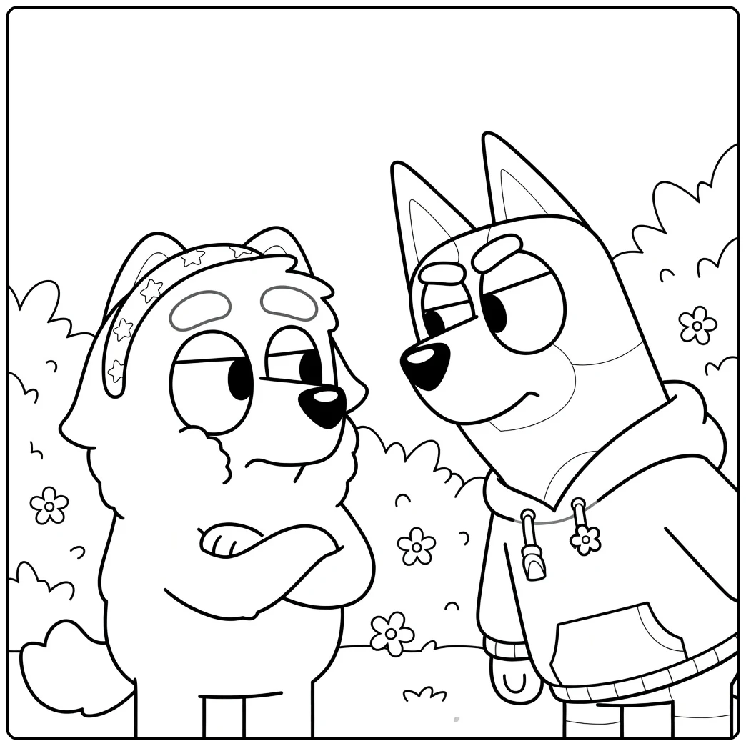 Kleurplaat judo bluey: boze Bluey en verdrietige Bingo