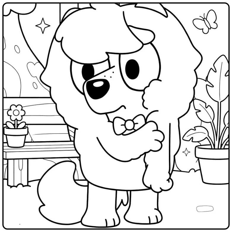 Kleurplaat judo bluey met strik en planten