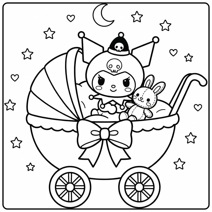 kleurplaat kuromi baby in kinderwagen met knuffel sterren maan