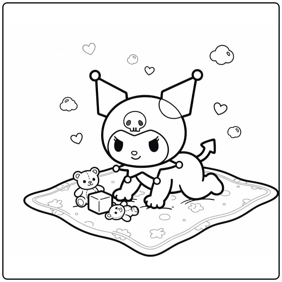 kleurplaat kuromi baby kruipend naar blokje en teddybeer