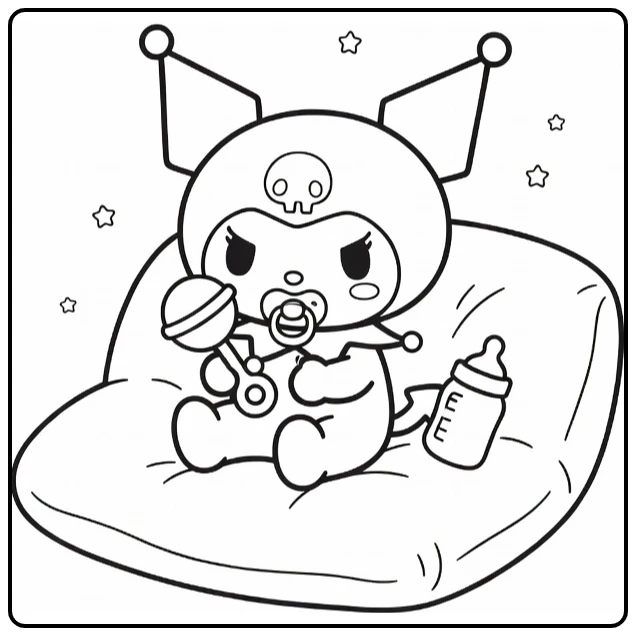 kleurplaat kuromi baby op kussen met rammelaar, speen, flesje
