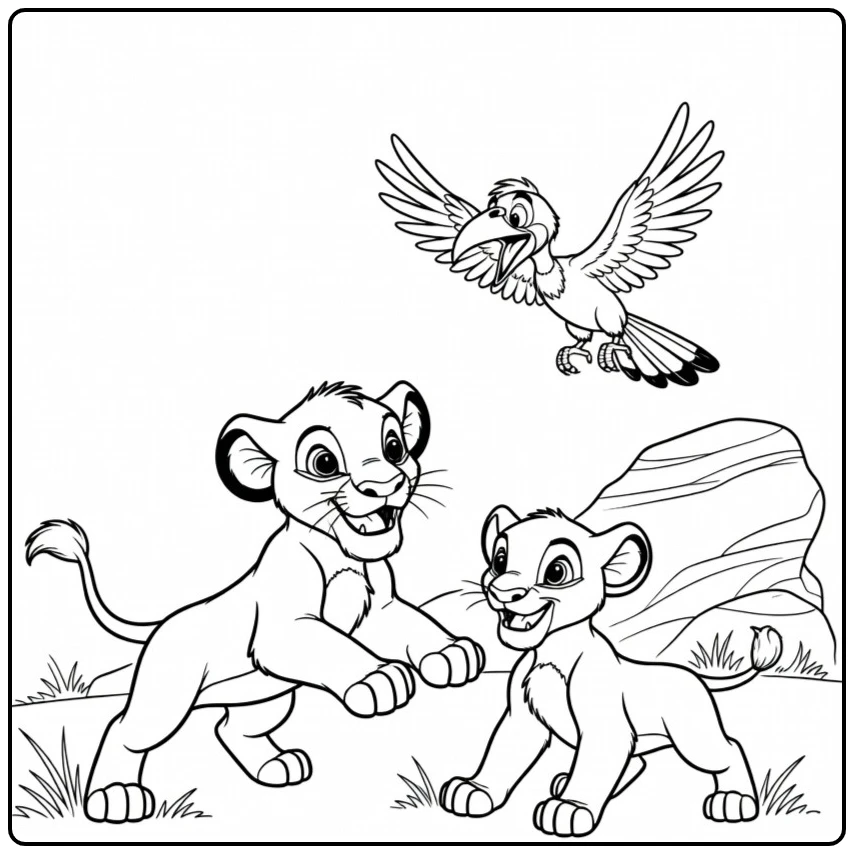 Kleurplaat leeuwenkoning: jonge Simba springt speels vooruit