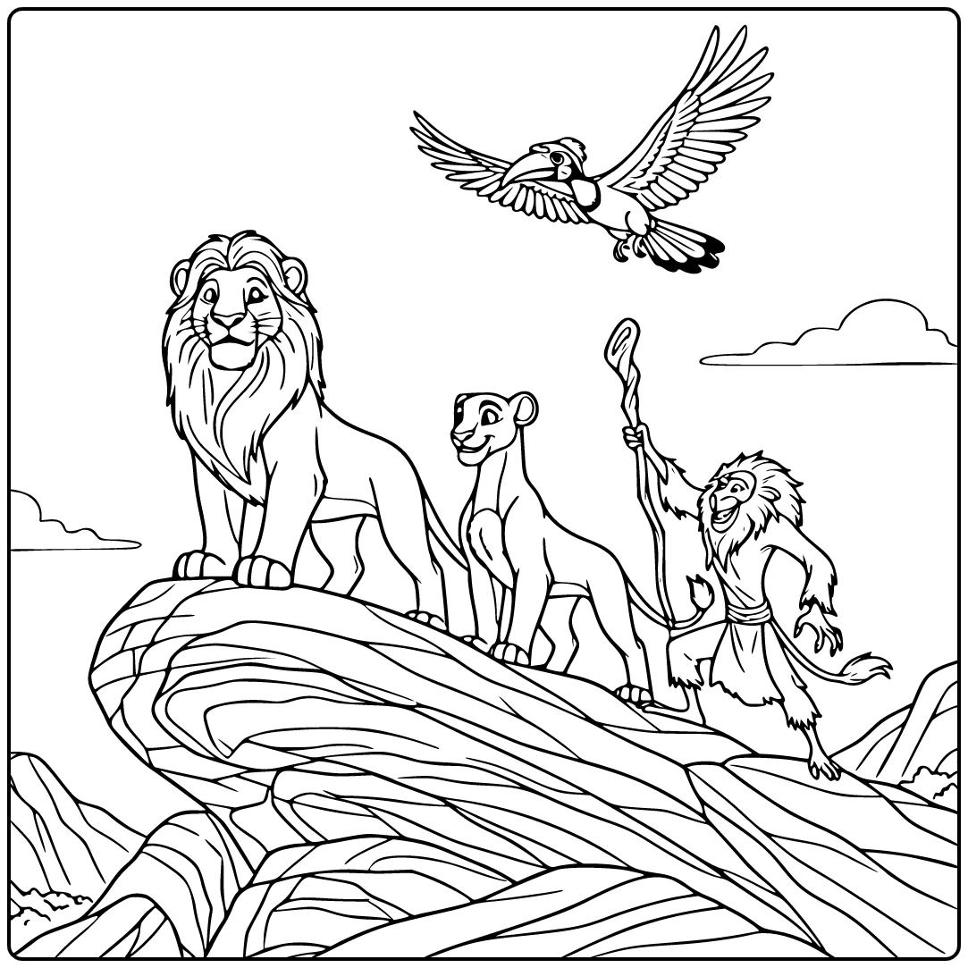 Kleurplaat leeuwenkoning: Simba op Trotsrots, Rafiki heft staf