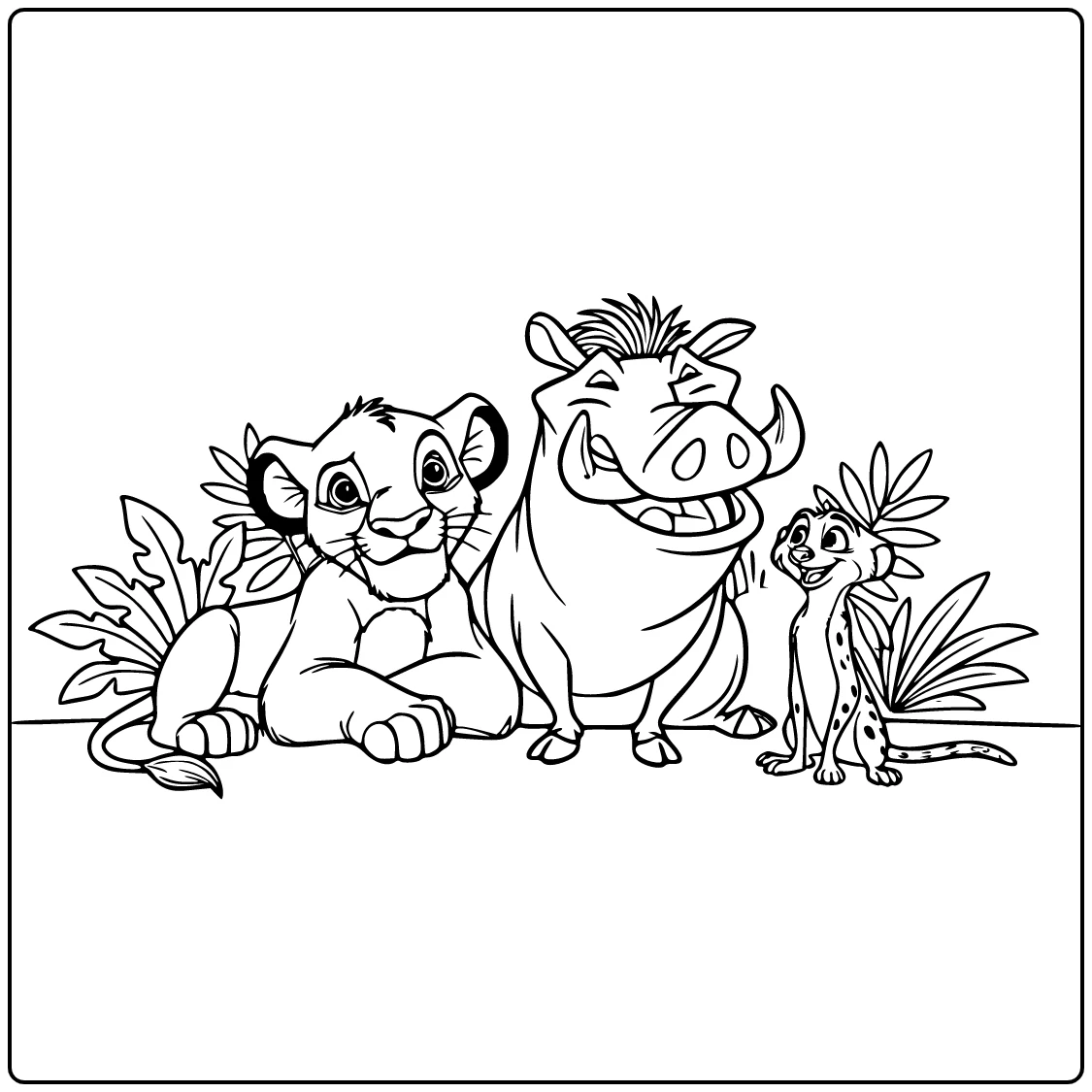 Kleurplaat leeuwenkoning: Simba rust blij naast Pumbaa, Timon