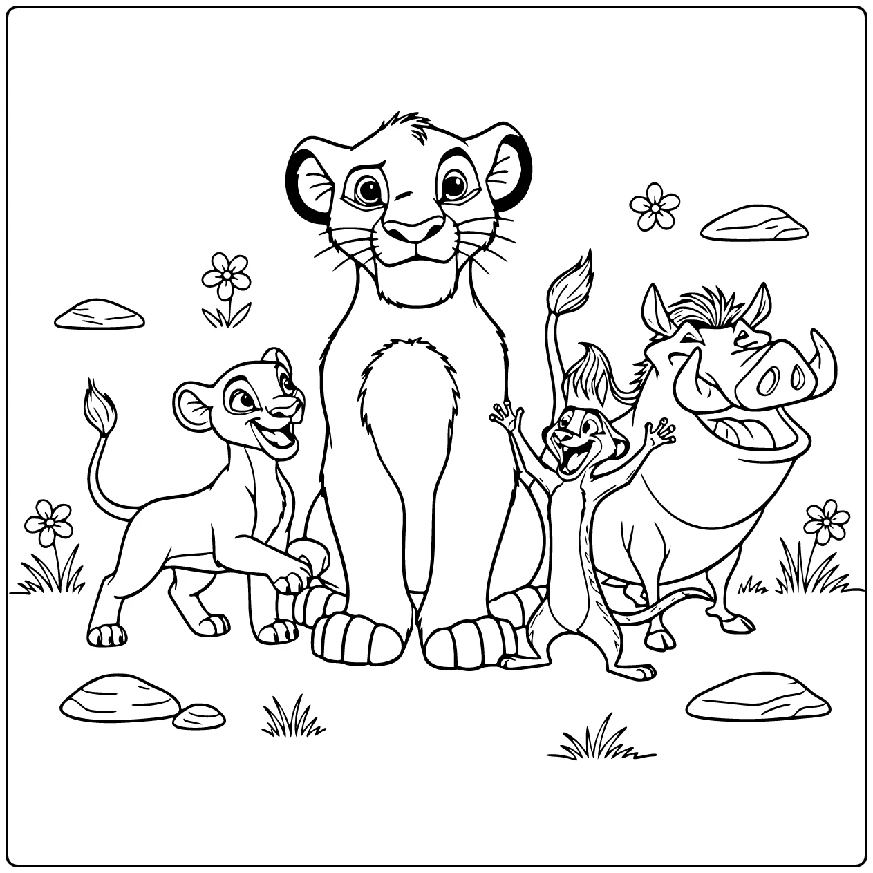 Kleurplaat leeuwenkoning: Simba koninklijk met Nala, Timon, Pumbaa