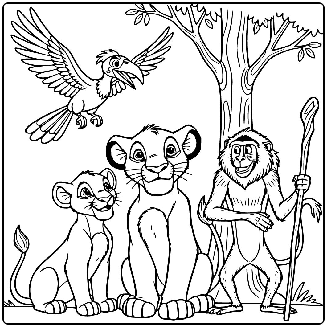 kleurplaat leeuwenkoning Simba trots met Nala onder boom