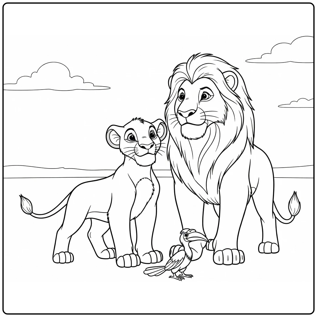 Kleurplaat leeuwenkoning: Simba rechtop met Mufasa ernaast