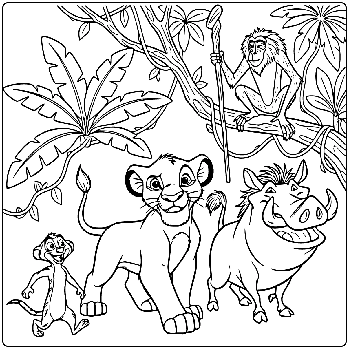Kleurplaat leeuwenkoning: Simba loopt jungle met Timon