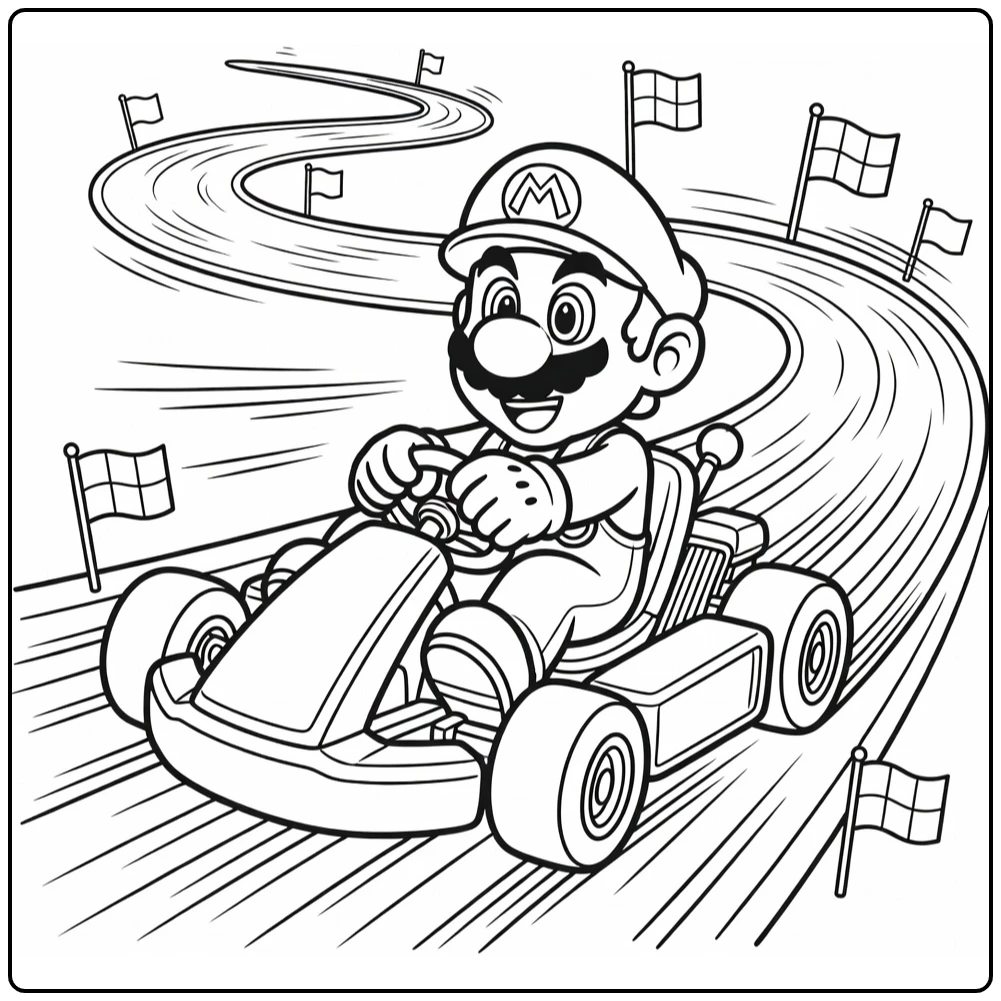 Kleurplaat Mario Kart met lachende Mario in kart op baan
