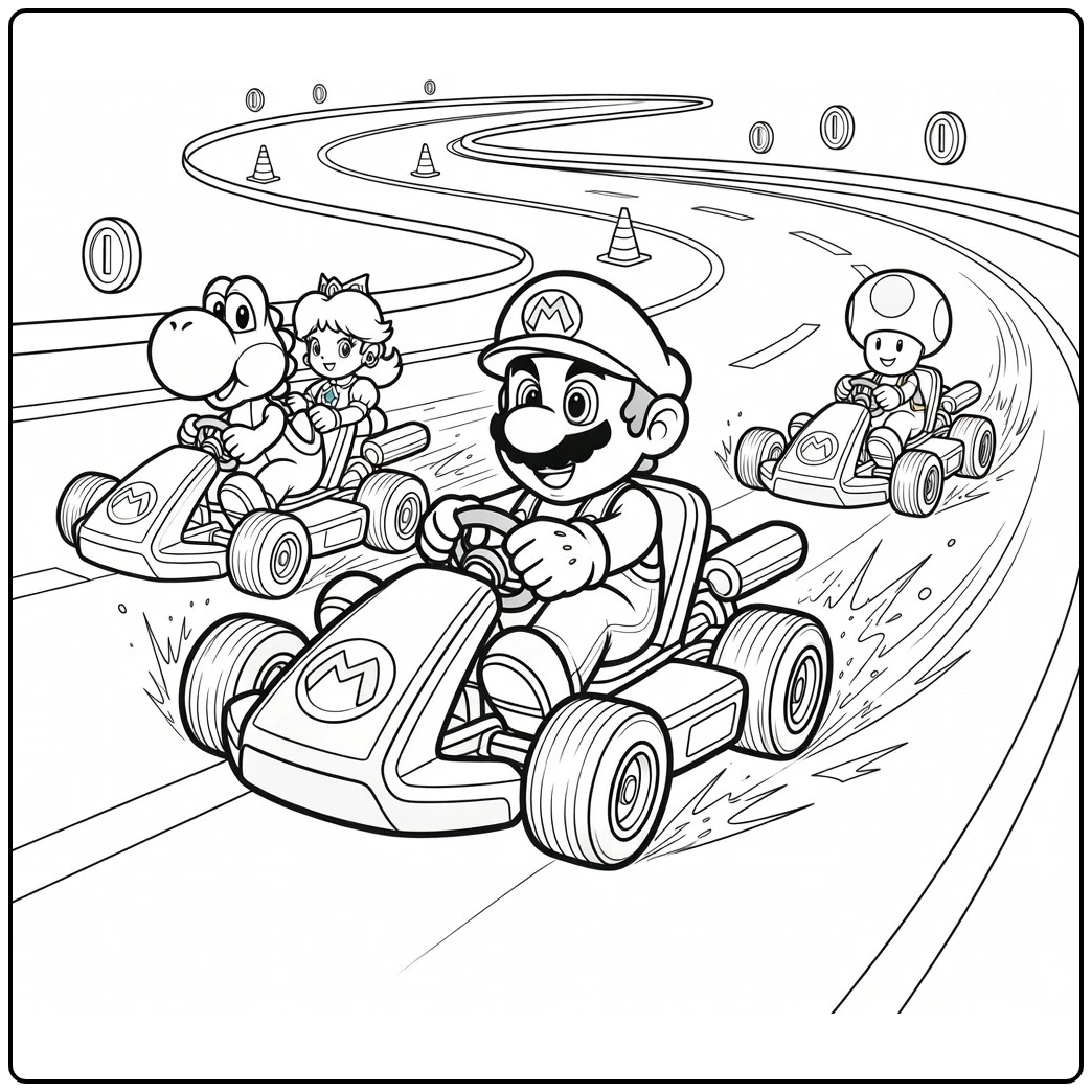 Kleurplaat Mario Kart: Mario drift met vonken