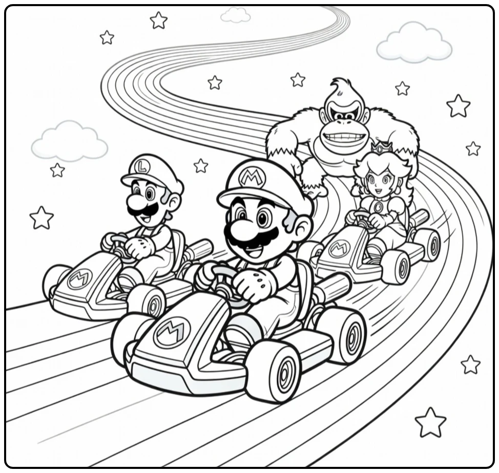 kleurplaat mario kart mario racend op regenboogbaan