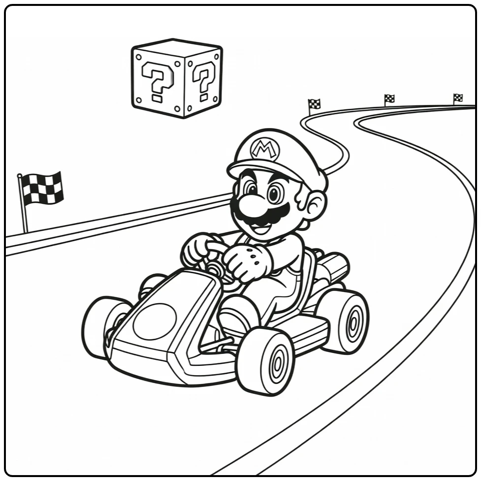 kleurplaat mario kart: Mario stuurt kart op bochtige baan met item box