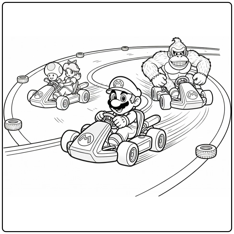 Kleurplaat Mario Kart: Mario drift rond bocht met Toad