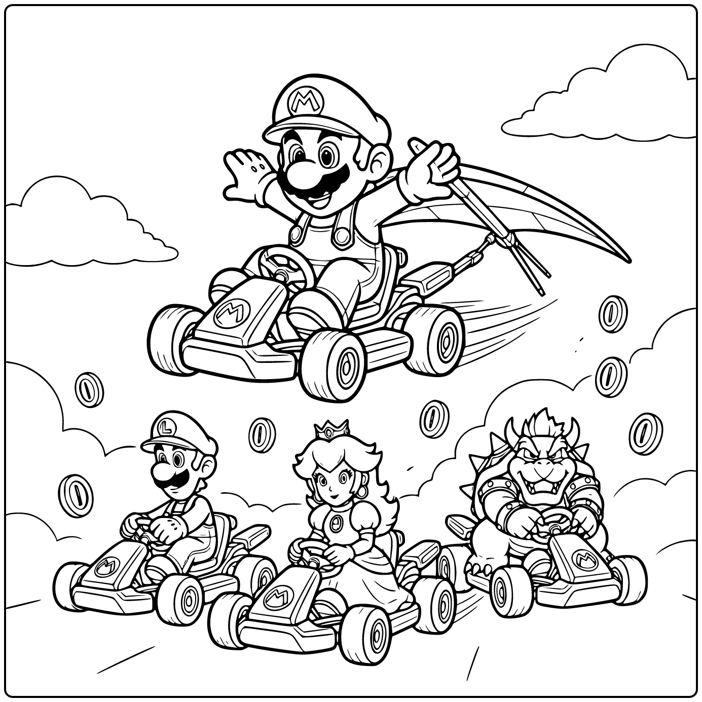 kleurplaat mario kart: Mario glijdt vooruit na lancering uit kart