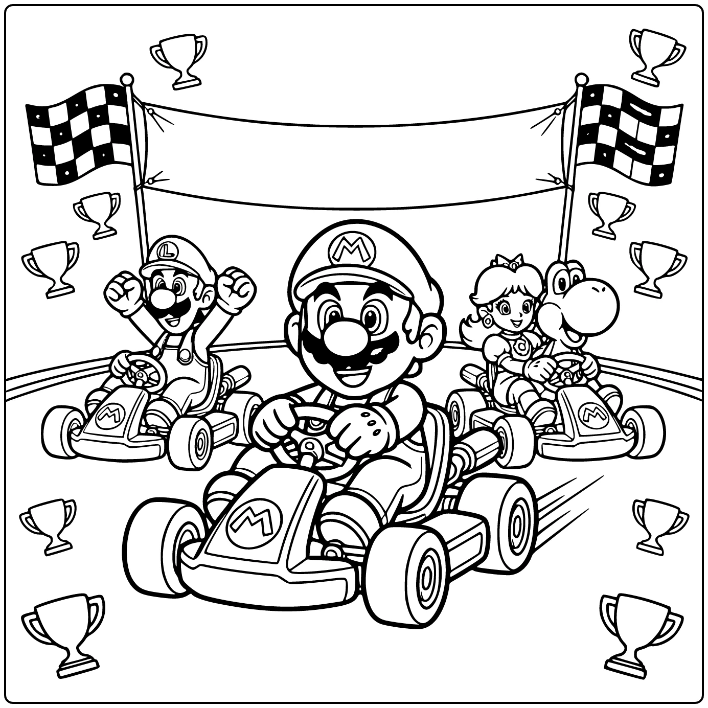 Kleurplaat Mario Kart: Mario passeert finishlijn vol vreugde