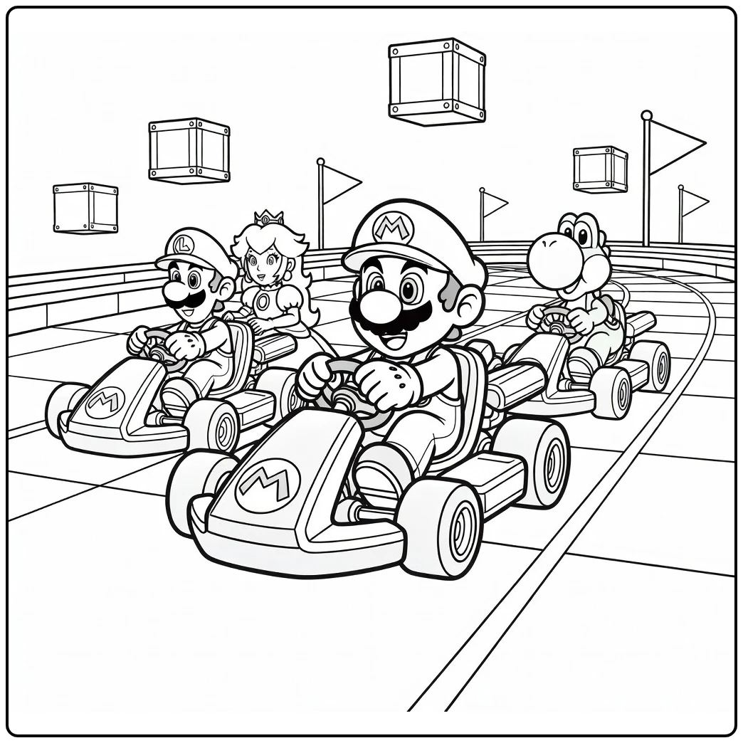 Kleurplaat Mario Kart: Mario rijdt voorop in race