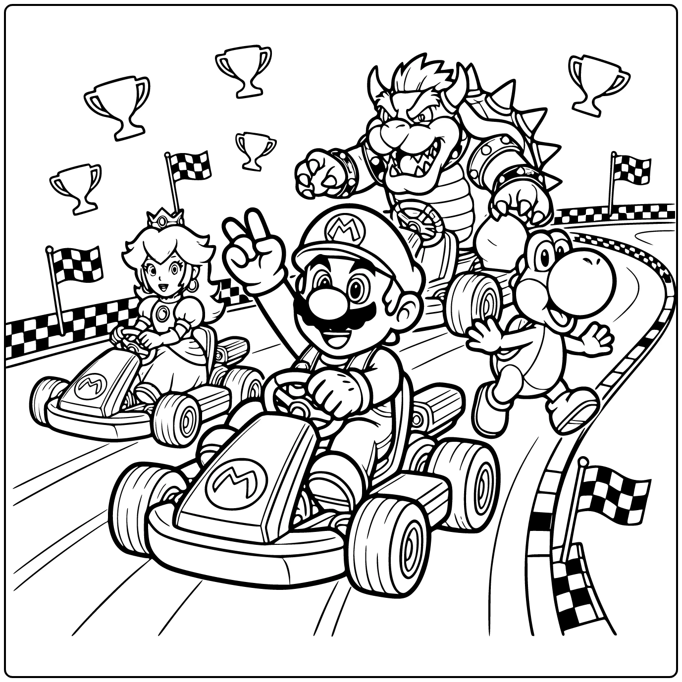 Kleurplaat Mario Kart: Mario juicht met opgeheven hand in kart