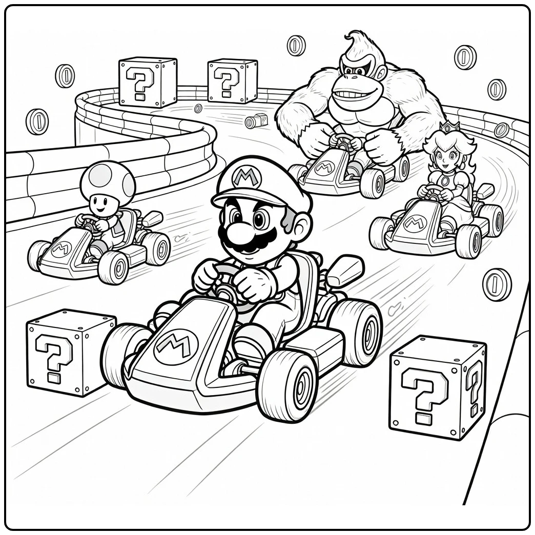 Kleurplaat Mario Kart: Mario rijdt langs zwevende itemboxen