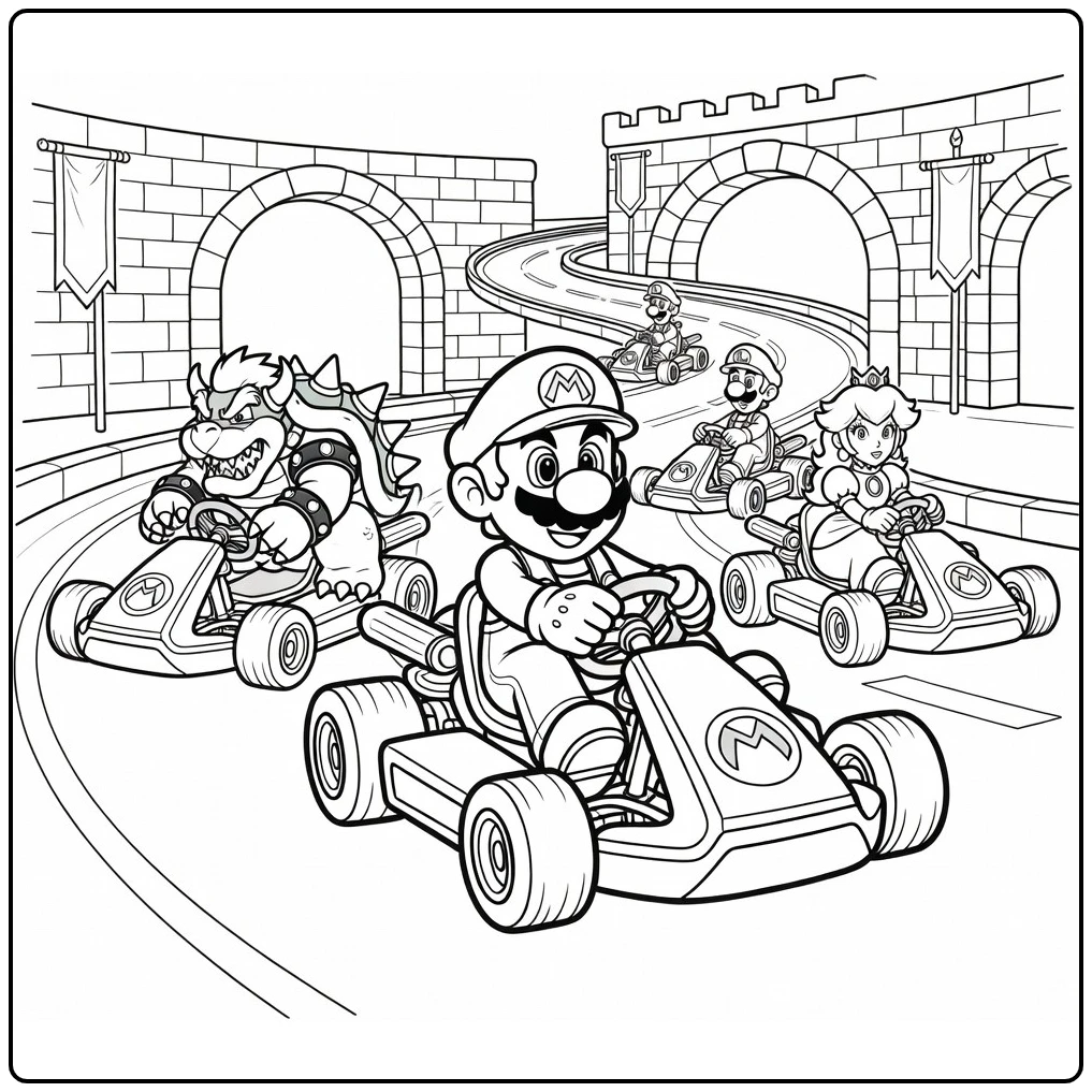 Kleurplaat Mario Kart: Mario stuurt door kasteelracebaan