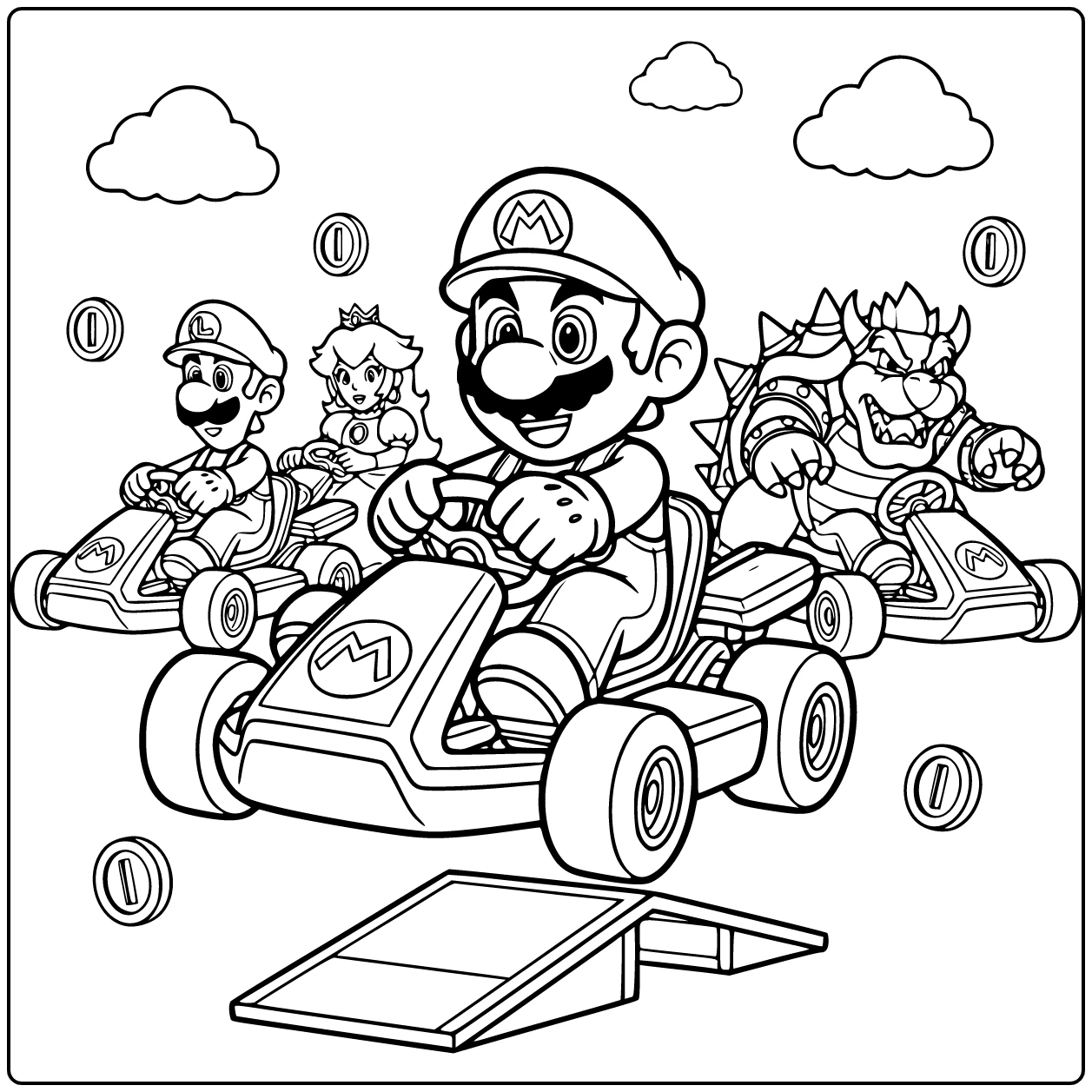 kleurplaat mario kart: Mario houdt stuur zelfverzekerd vast