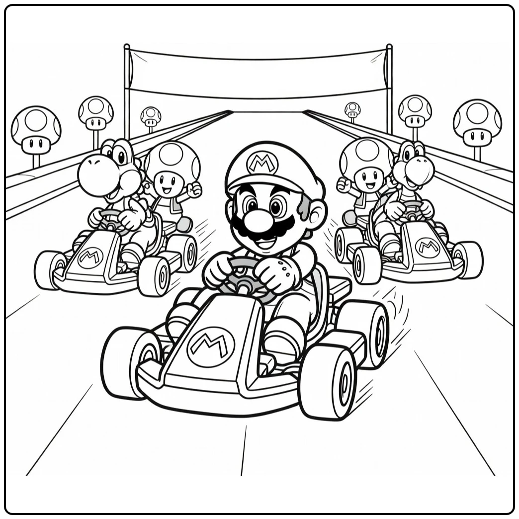 Kleurplaat Mario Kart: Mario racet op rechte baan