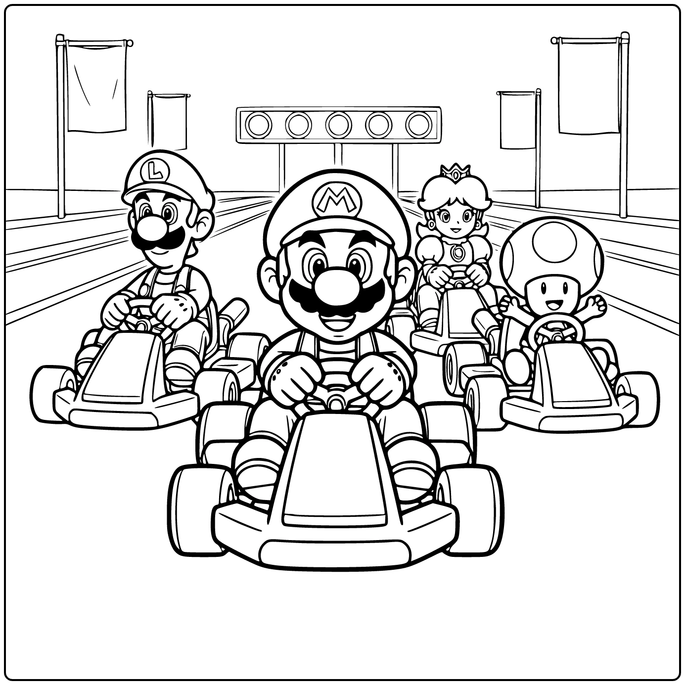 Kleurplaat Mario Kart: Mario centraal op startgrid