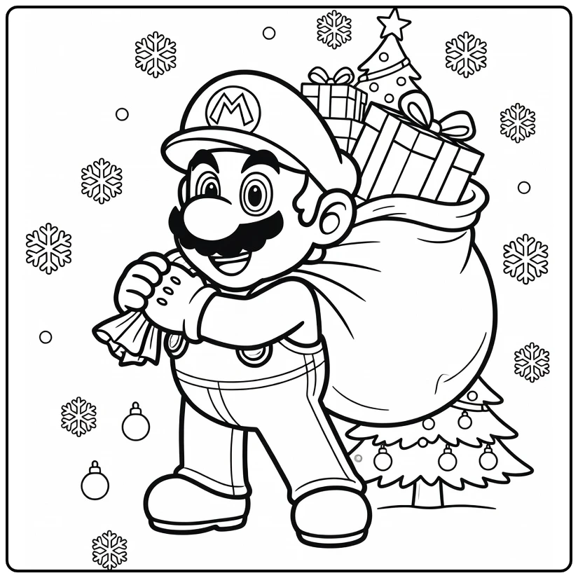 Kleurplaat Mario Kerst: Mario met zak cadeaus en kerstboom