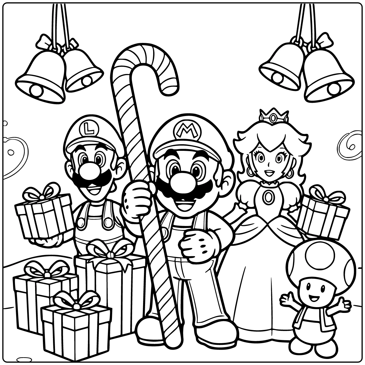 Kleurplaat mario kerst: Mario met reusachtige suikerstok staf