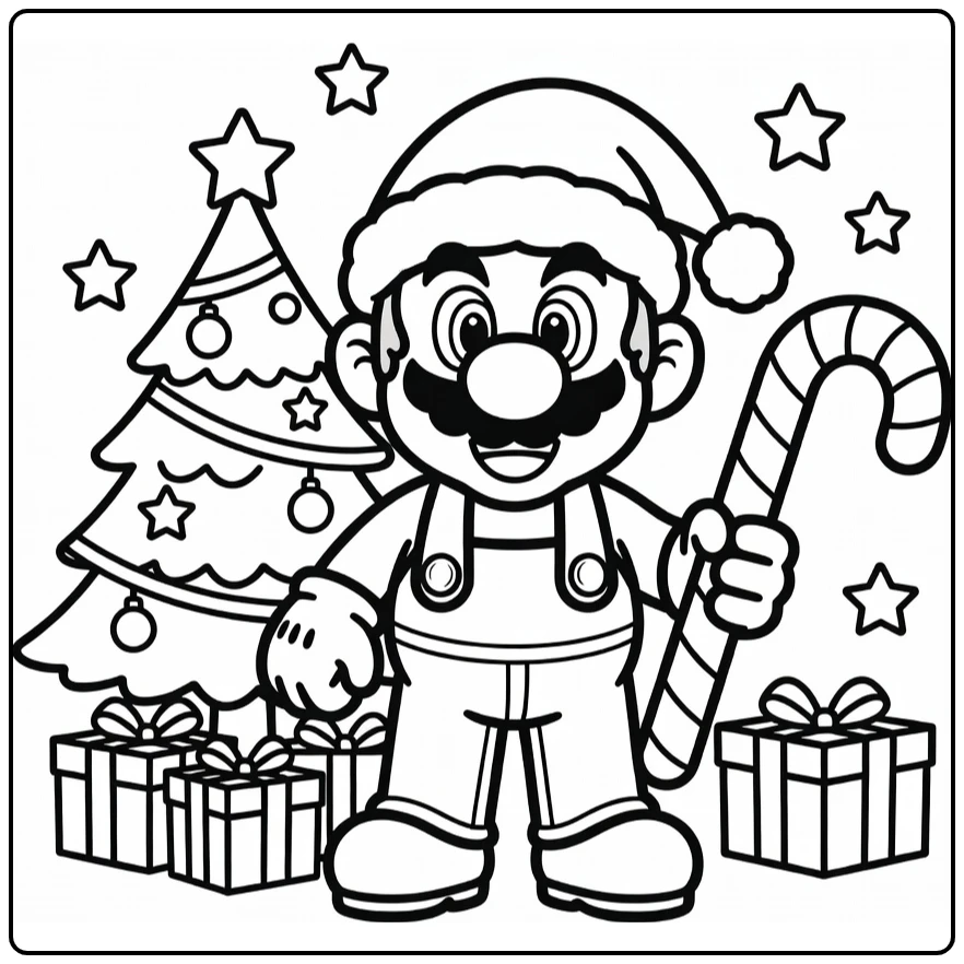 kleurplaat mario kerst met kerstmuts en suikerstok