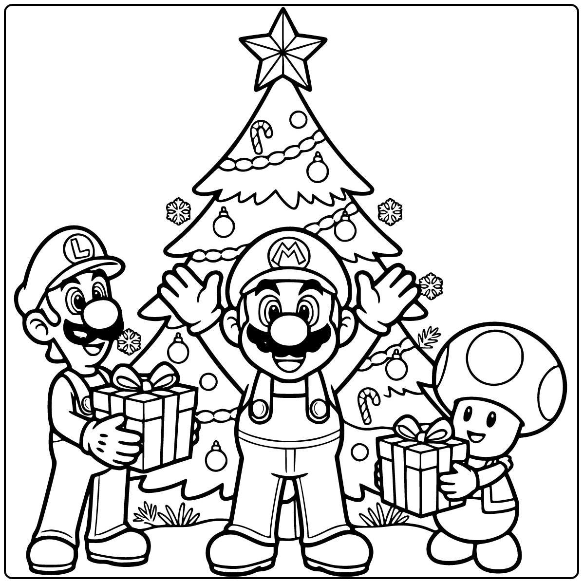 kleurplaat mario kerst: Mario plaatst ster op kerstboom