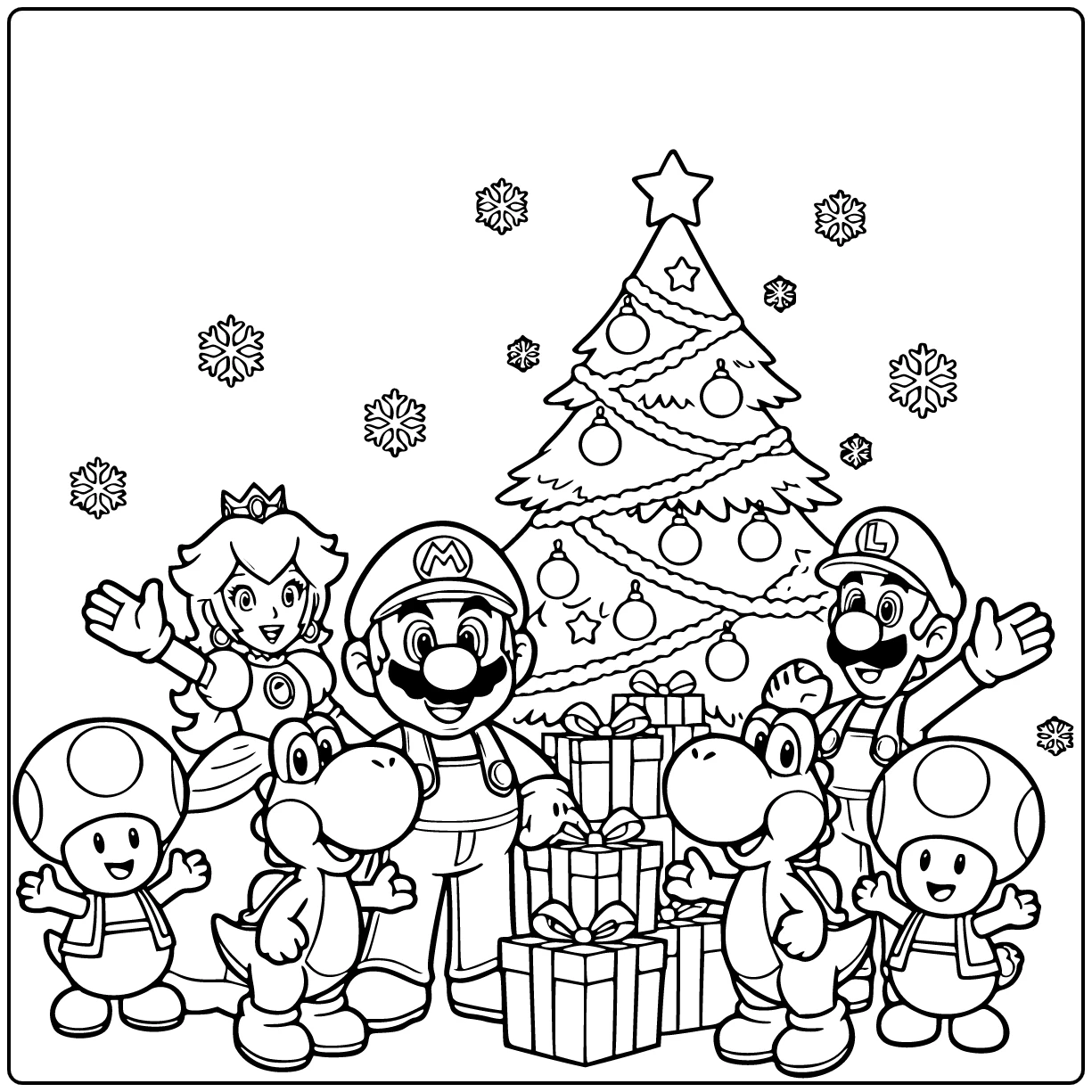 kleurplaat mario kerst: Mario bij cadeaus en kerstboom