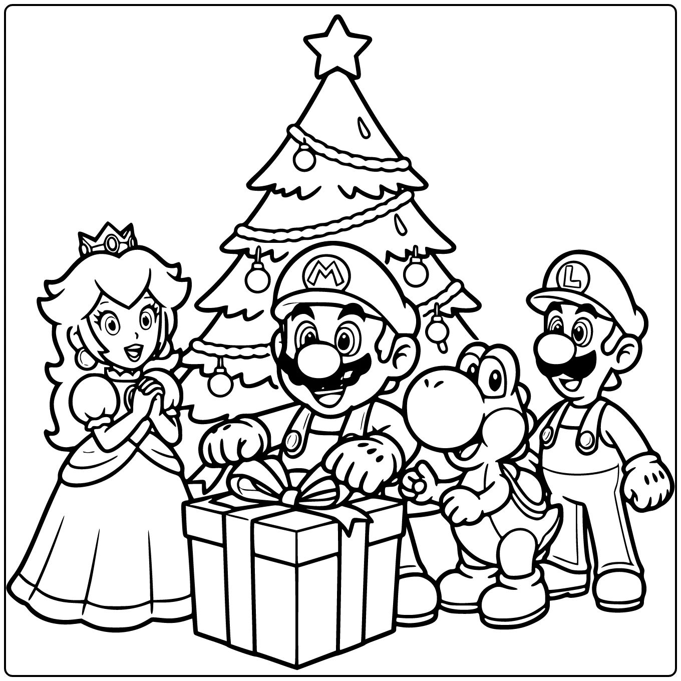 kleurplaat mario kerst: Mario opent vrolijk groot cadeau