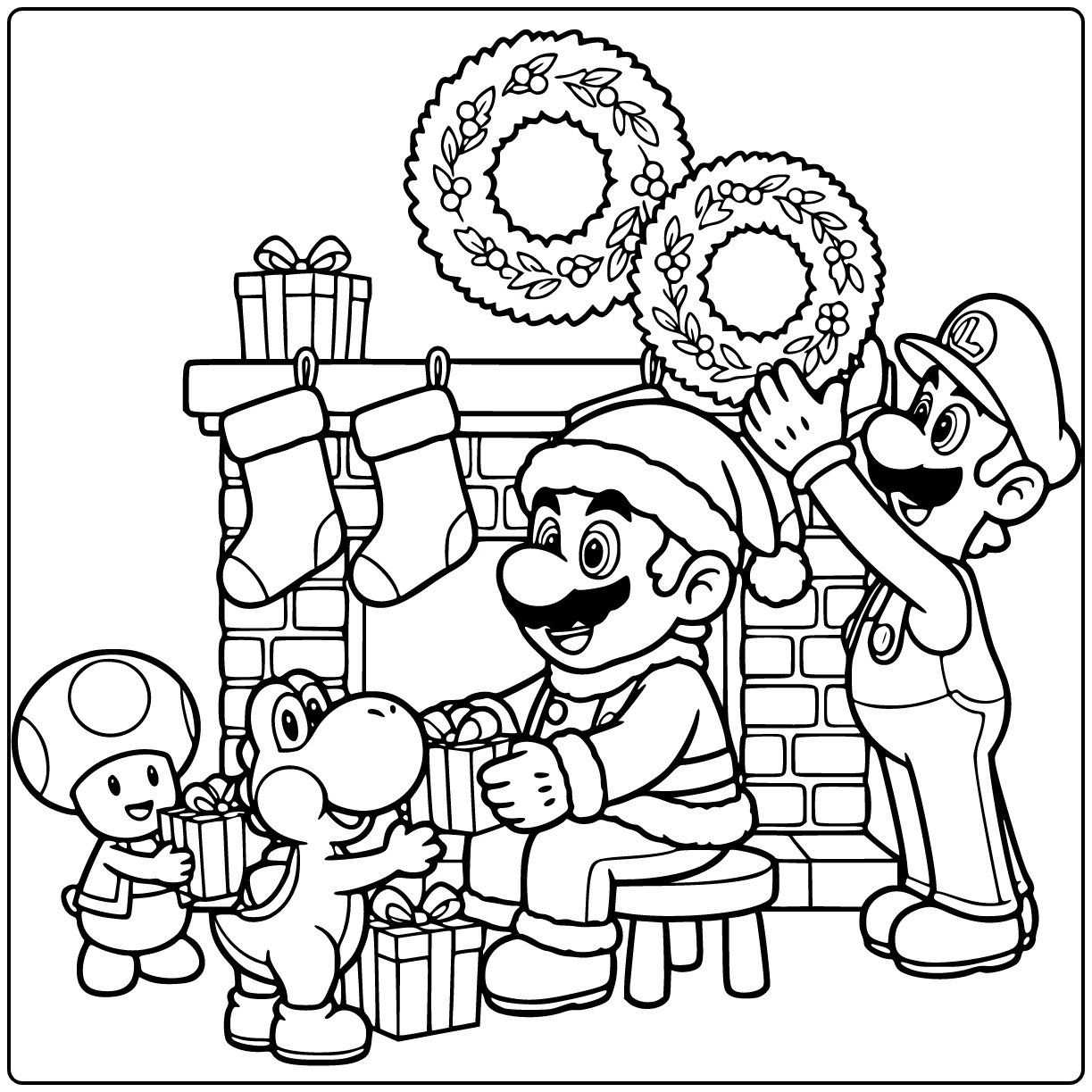 Kleurplaat mario kerst: Mario in Kerstmanpak bij haard
