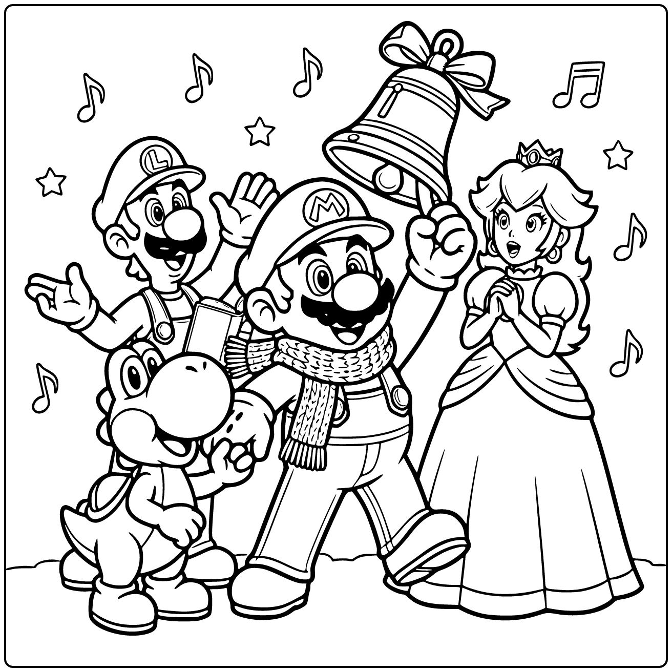 Kleurplaat Mario Kerst: Mario luidt feestbel in winterkleding