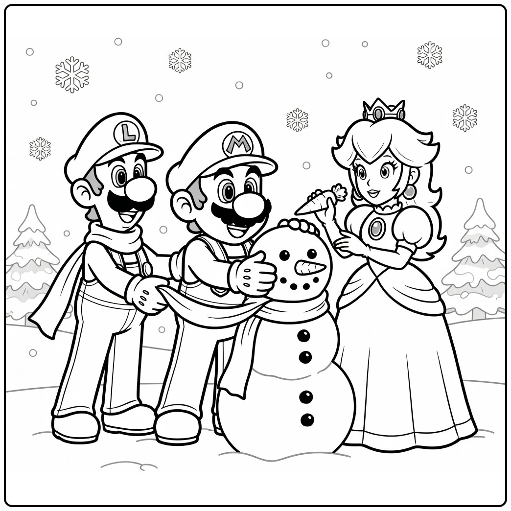 Kleurplaat Mario Kerst: Mario bouwt vrolijke sneeuwpop met Luigi