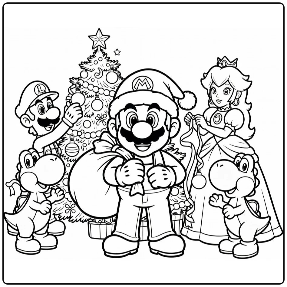 kleurplaat mario kerst: Mario met kerstmuts en groot cadeau