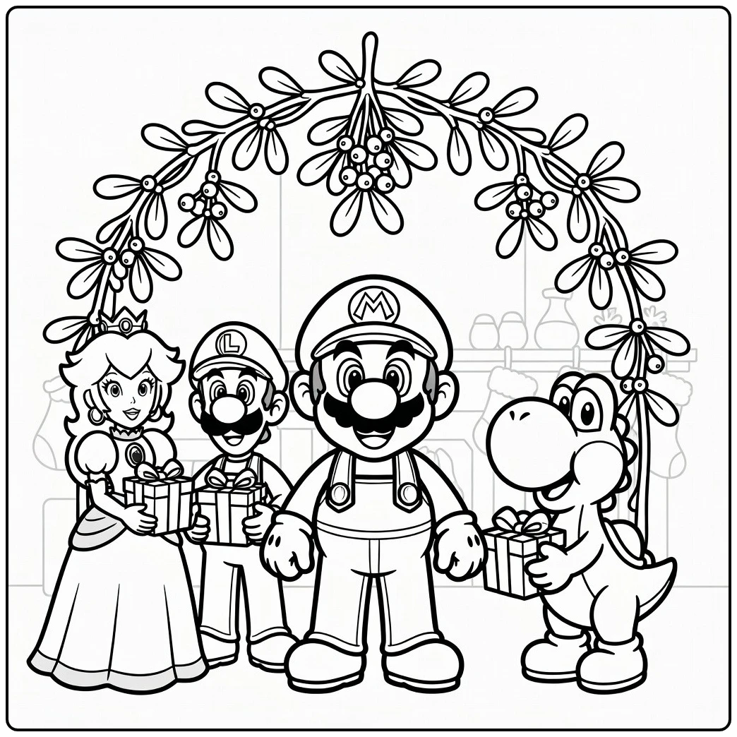 kleurplaat mario kerst: Mario onder maretakboog