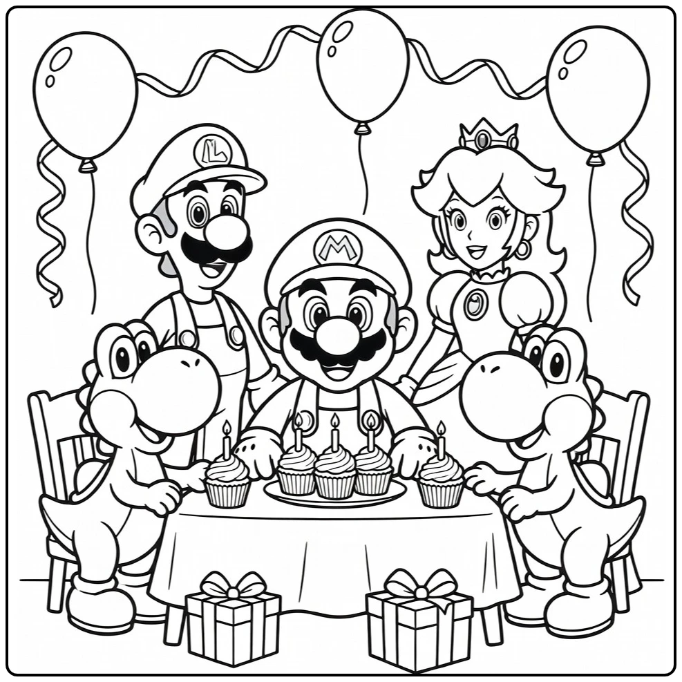 kleurplaat mario verjaardag: Mario aan tafel met cupcakes