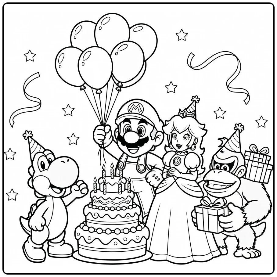 kleurplaat mario verjaardag: lachende Mario met ballonnen