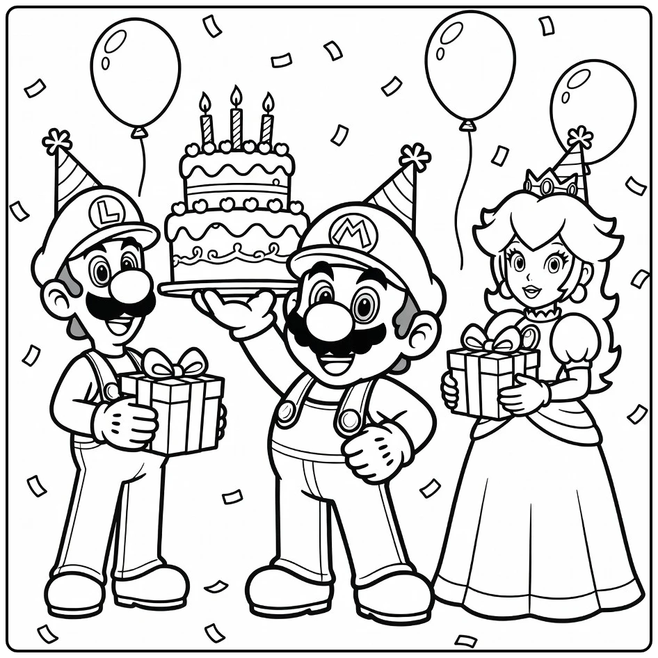 kleurplaat mario verjaardag met Mario en taart, Luigi naast hem