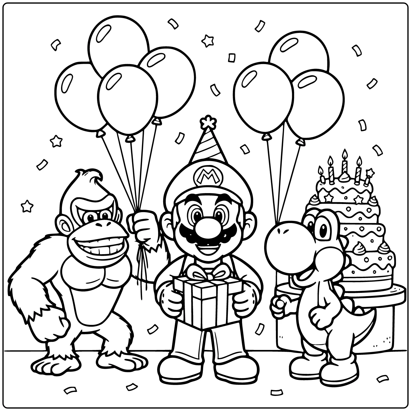 kleurplaat mario verjaardag met feestmuts en cadeau
