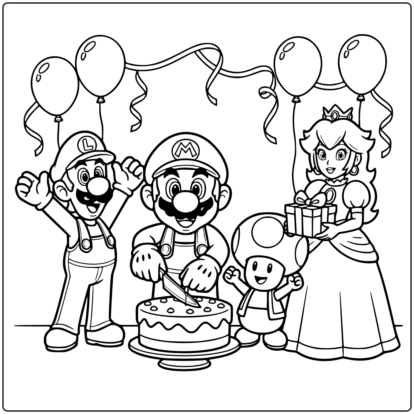kleurplaat mario verjaardag Mario snijdt taart Luigi Toad
