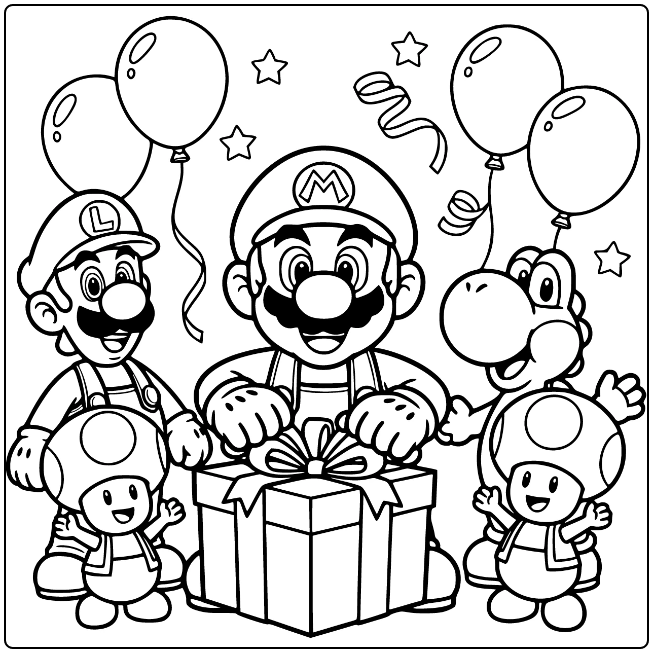 Kleurplaat mario verjaardag: Mario opent vrolijk cadeau met Luigi