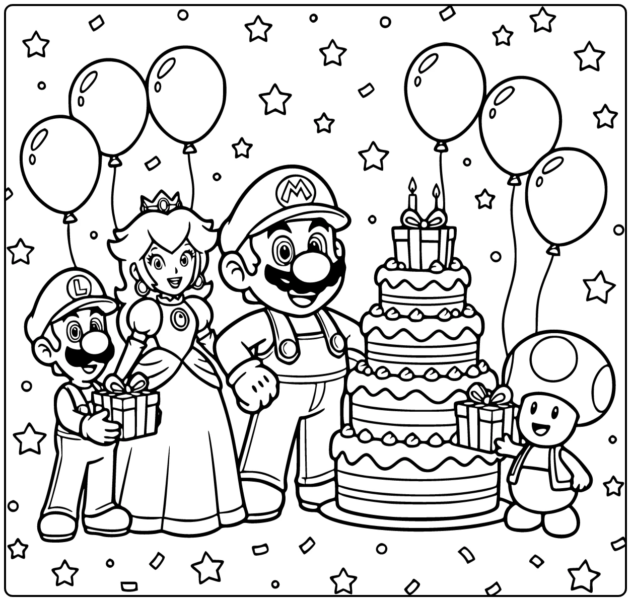 Kleurplaat Mario verjaardag: Mario lacht trots bij taart