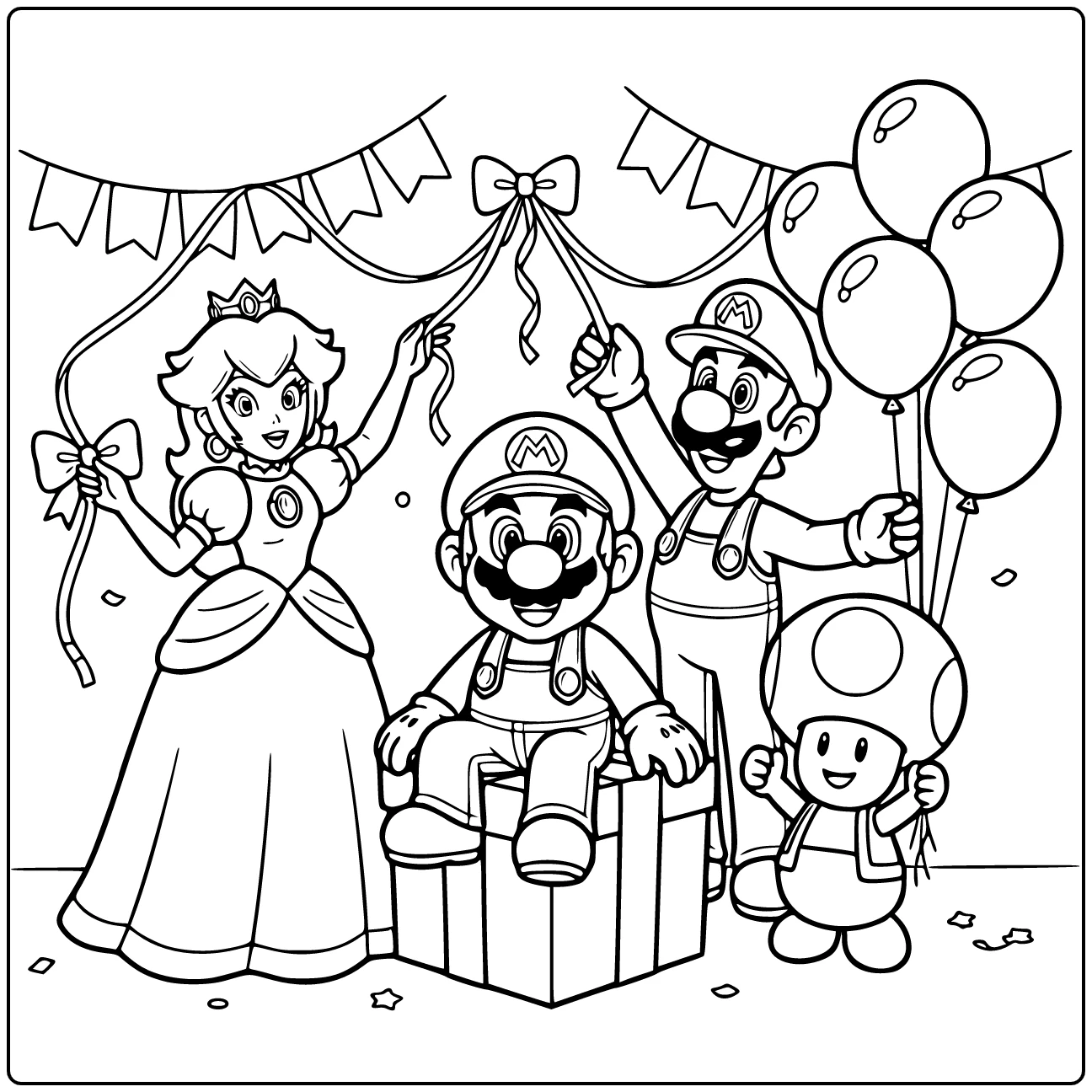 Kleurplaat Mario verjaardag: Mario op groot cadeau