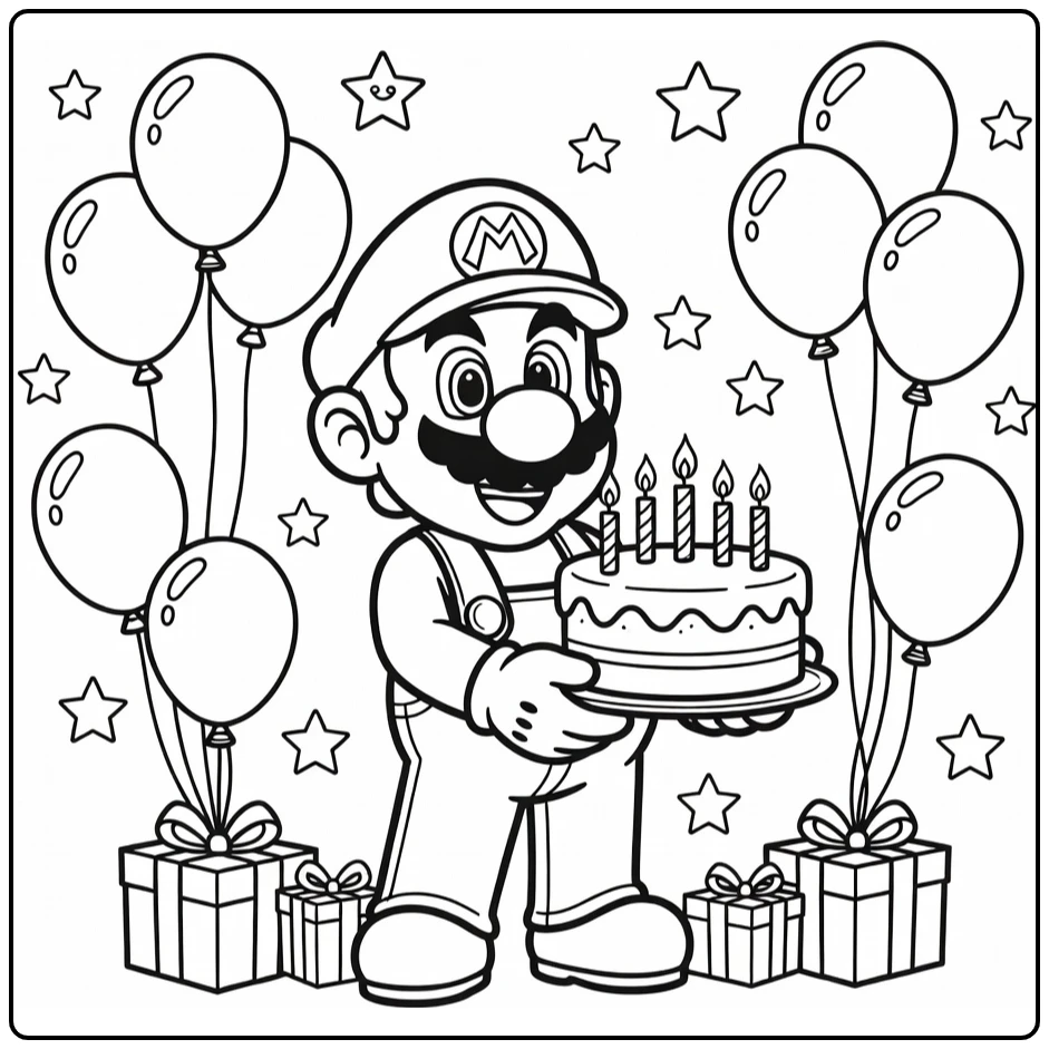 Kleurplaat Mario verjaardag: taart met kaarsen, ballonnen