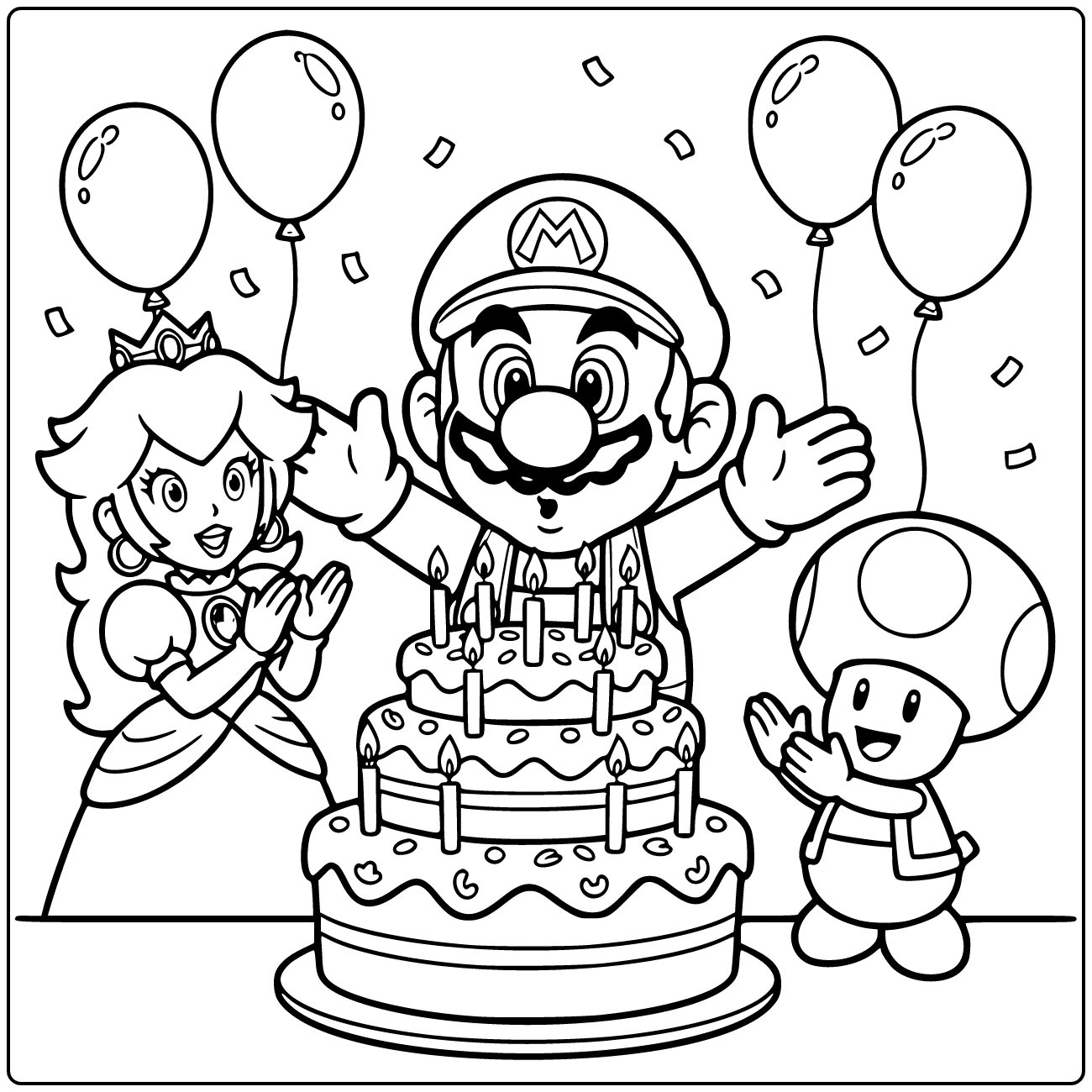kleurplaat mario verjaardag: Mario blaast kaarsjes uit op taart