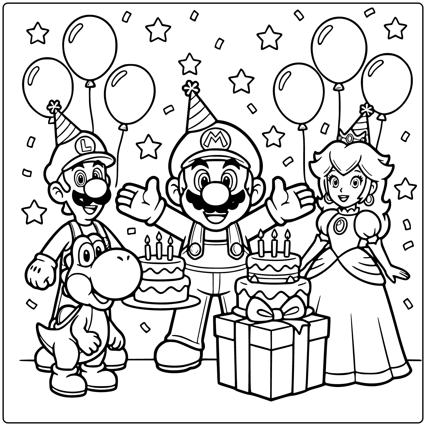 Kleurplaat mario verjaardag: blije Mario met taart