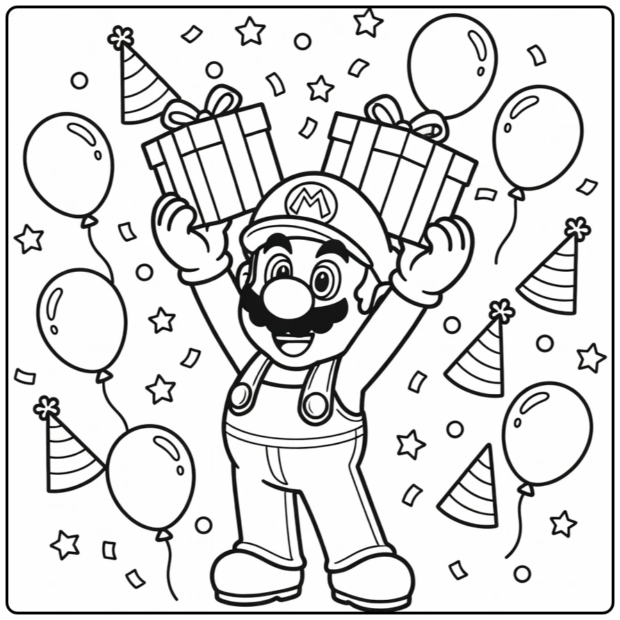 Kleurplaat Mario verjaardag: Mario heft cadeau met ballonnen