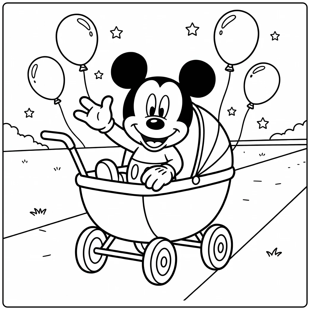 Kleurplaat mickey mouse baby zwaaiend in kinderwagen